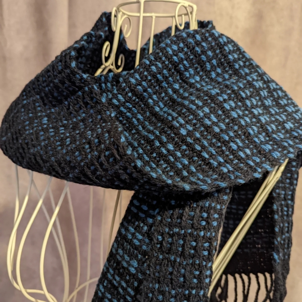 Navy and light blue handwoven wool scarf